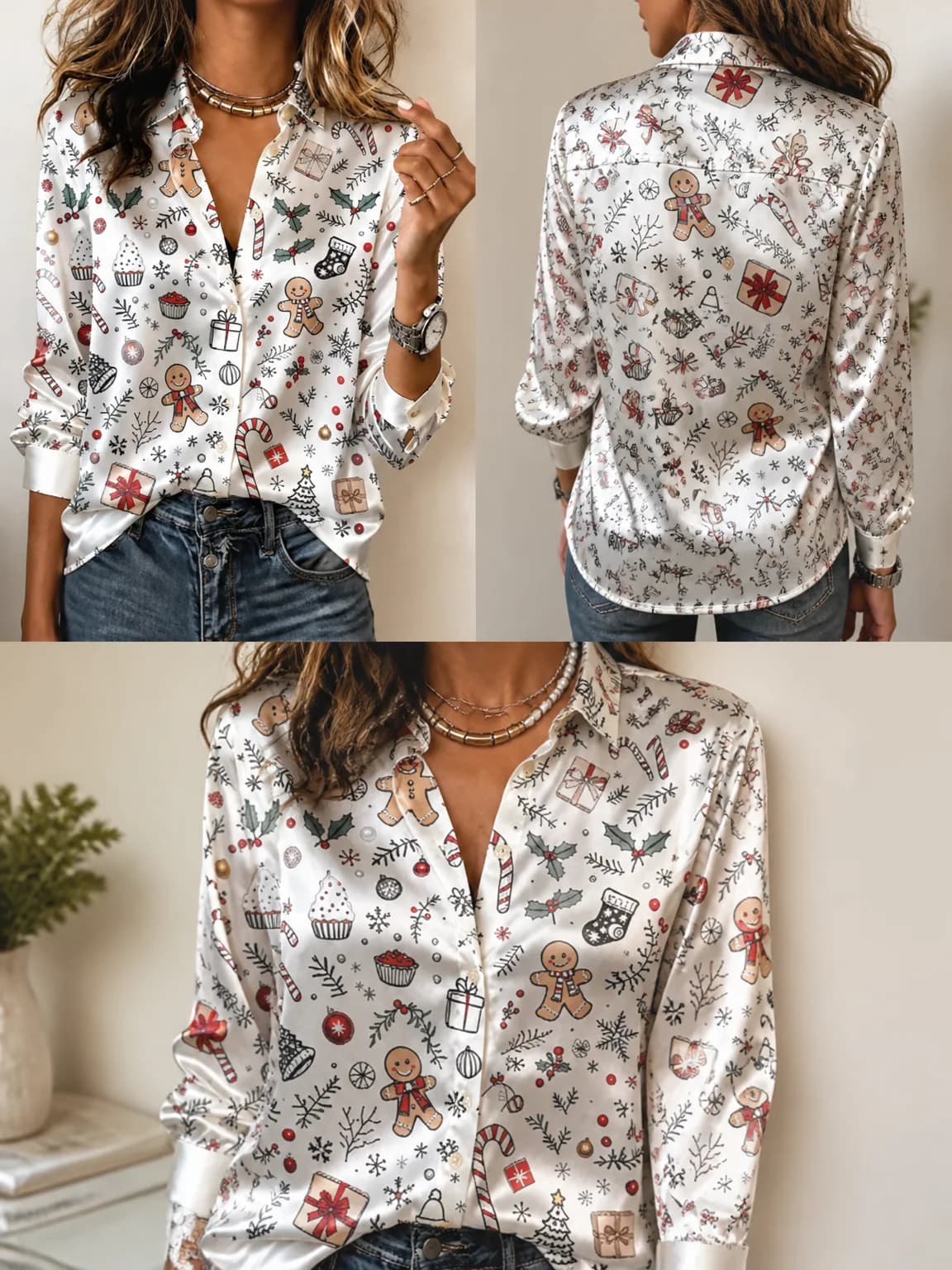 Soft Lapel Long Sleeve Satin Blouse, Women Christmas Gingerbread Top for Xmas Dating Casual Outfit