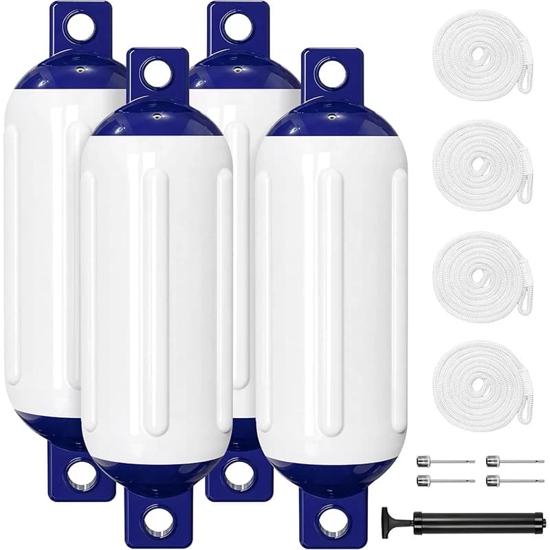 4.5/6.5 Inch Boat Fenders 4 Pack Boat Bumpers for Docking Ribbed Twin Eyes 4 Ropes Air Pump UV Saltwater Resistant Jon Pontoon