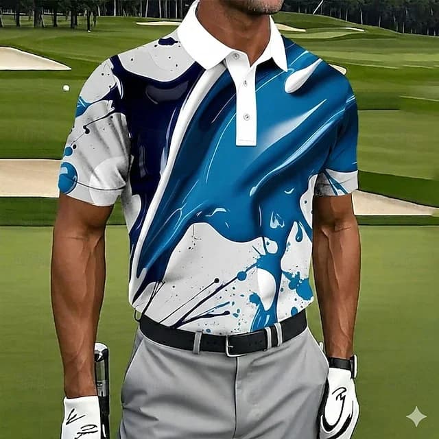 Polo Sportiva da Uomo con Stampa Effetto Inchiostro, Manica Corta, Casual, con Colletto e Bottoni, Abbigliamento Sportivo