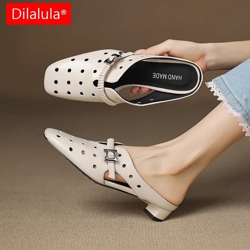 Dilalula 2025 Genuine Leather Hollow Slippers Women Covered Toe Thick Heels Dating Buckle Mules Ladies Summer Leisure Slippers