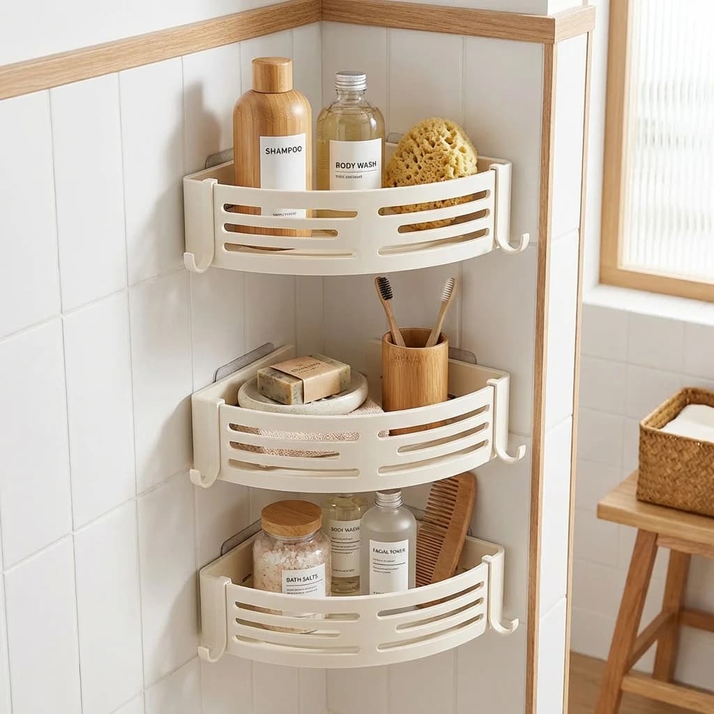 White Bathroom Storage Shelf Wall Mount Self Adhesive No Drilling Shower Bath Room Cosmetics Shampoo Caddy Corner Kitchen Rack