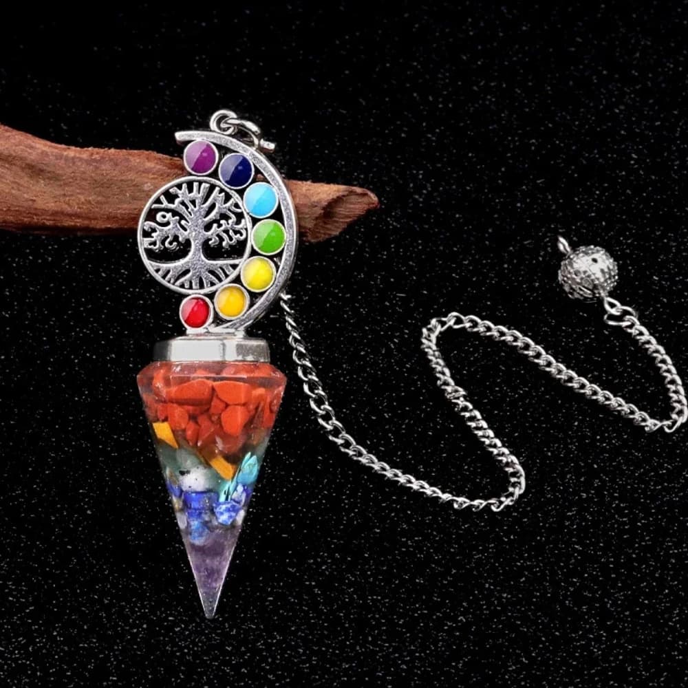 Resina di ghiaia Pietra a sette colori Pendolo flessibile 7Chakra Albero di foglia Pendenti Avventurina Arcobaleno Divinazione Wicca Bilanciamento