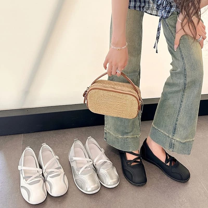 Women Breathable Mesh Mary Jane Flats Round Toe Crisscross Magic Tape Straps Soft Non-slip Sole Casual Daily Walking Flat Shoes