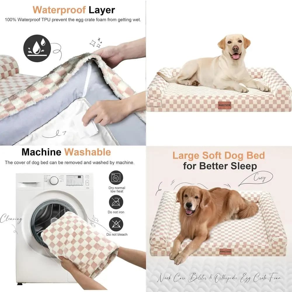 Cuccia Ortopedica Lavabile XL per Cani con Bordo Rialzato, Schiuma a Nido d'Ape, Stile Divano, Copertura Impermeabile, Griglia Rosa Rimovibile