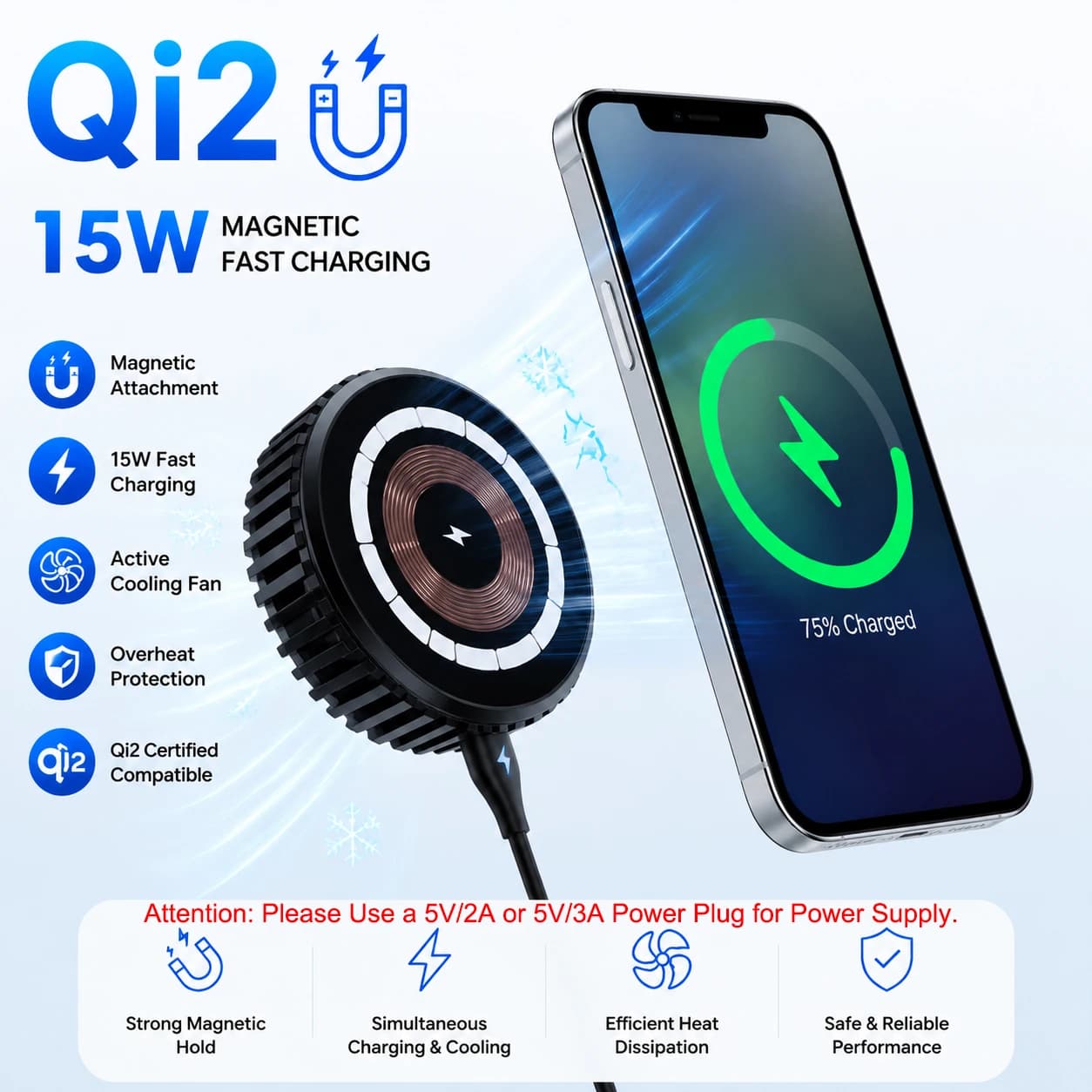 15W Wireless Charger with Auxiliary Cooling Fan 2-in-1 Magnetic Induction Charger Charging Station for iPhone12-18,Xiaomi Huawei