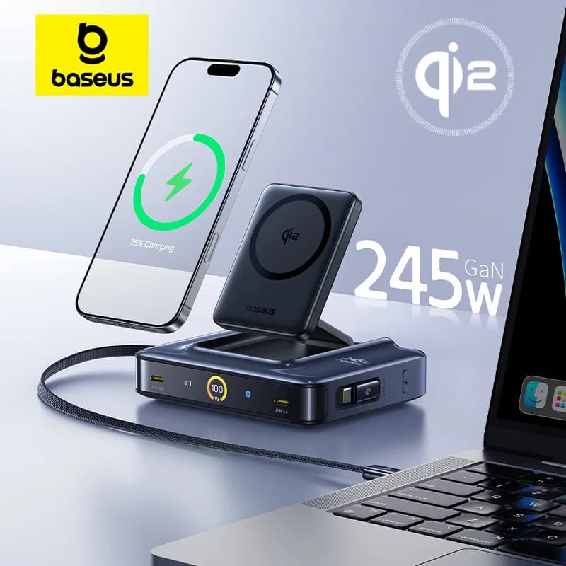 Baseus 245W Caricatore da tavolo Tablet Caricatore rapido Qi2 Caricatore wireless Cavo retrattile Caricatore per telefono USB C per iPhone 17 Samsung