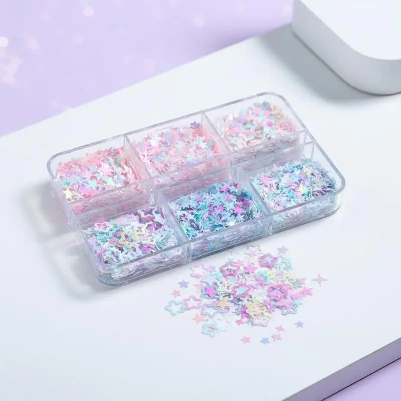 Accessories for nails with stars and iridescent moons, decorations with sequins shaped like siren, supplies for nail art for professionals, nail racks.