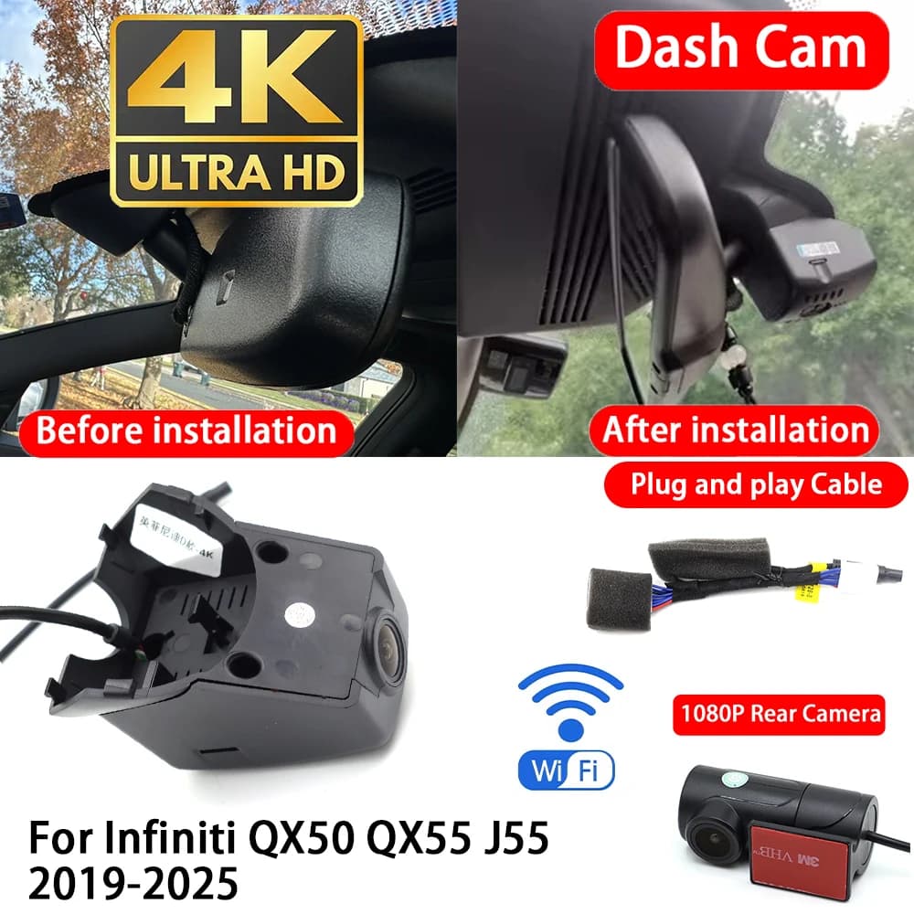 for Infiniti QX50 QX55 J55 2019-2025 4K Dash Cam Front Rear Car Camera DVR Wifi Plug & Play Video Recorder Loop Recording