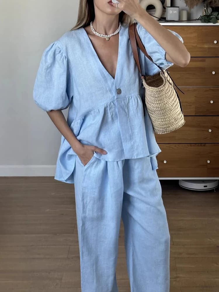 Mumaroho 2025 Donna Primavera Estate Vacanza Pantalone Set Abiti in cotone solido Abiti con scollo a V 2 Set coordinato in due pezzi per le donne