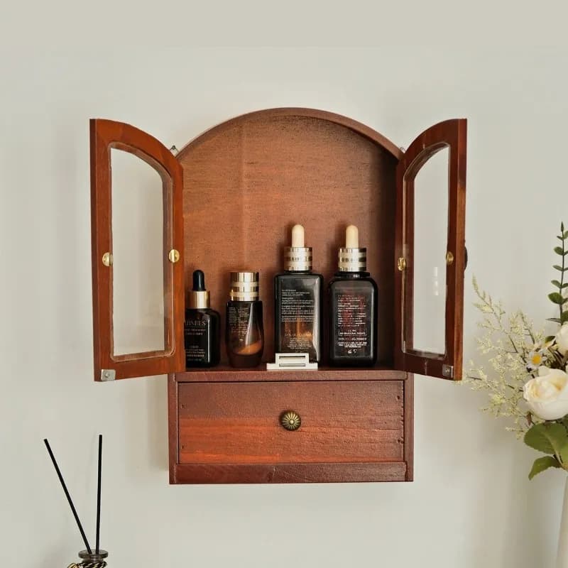 Wall Mounted Storage Cabinet Wooden Small Sundries Organizer Rack Desktop Cosmetic Storage Shelf Home Organization Holders