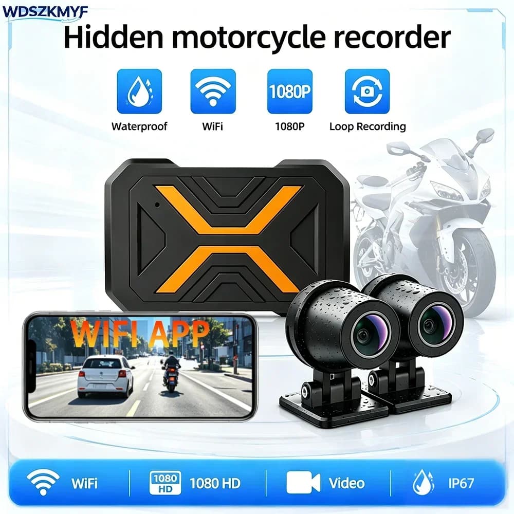 IP67 Waterproof 1080P Motorcycle Sports Camera Dual Front Rear Recording WiFi Link Intelligent Image Stabilizer Motorbike DVR