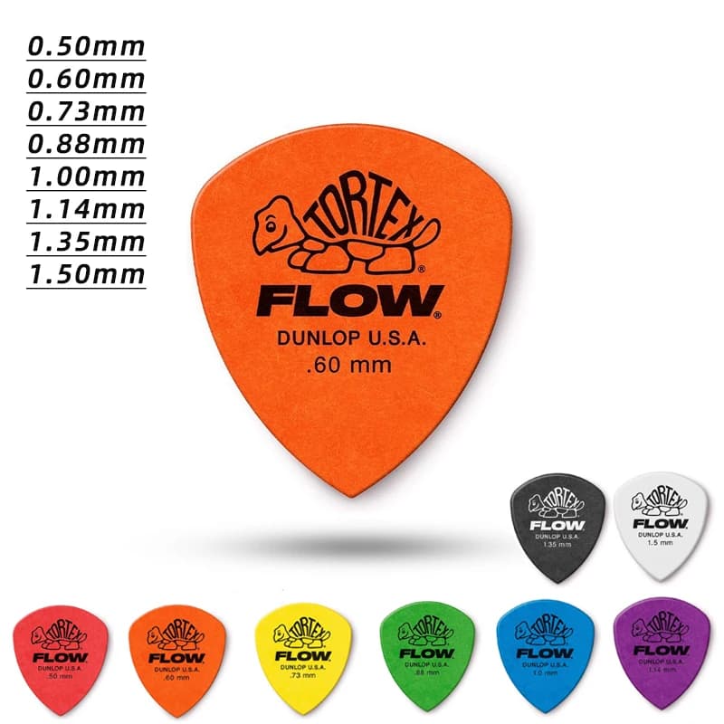 Scegli Dunlop. Plettro per chitarra antiscivolo in materiale FLOW TORTEX 558R. Spessore: 0,50/0,60/0,73/0,88/1,00/1,14/1,35/1,50 mm.