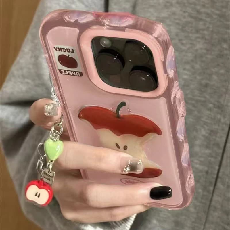Jelly Ripple Painted Apple Label Patch Phone Case with Pendant for iPhone 11 12 13 14 15 16 pro max