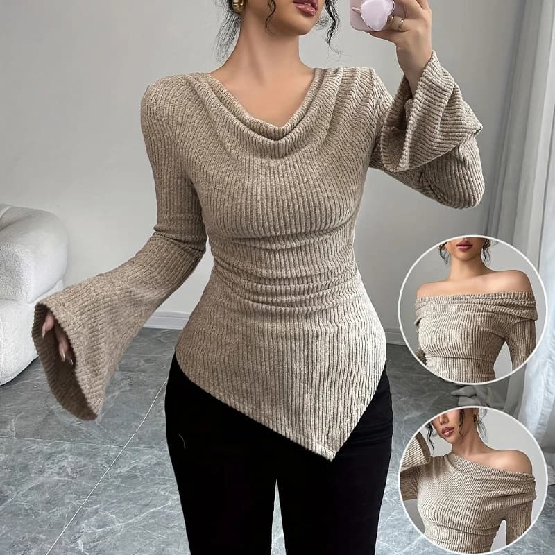 2025 Donna Autunno Inverno Manica lunga Y2K Crop Top Trendy Spalle scoperte Asimmetrico aderente Maglia con scollo a V T-shirt Top Streetwear