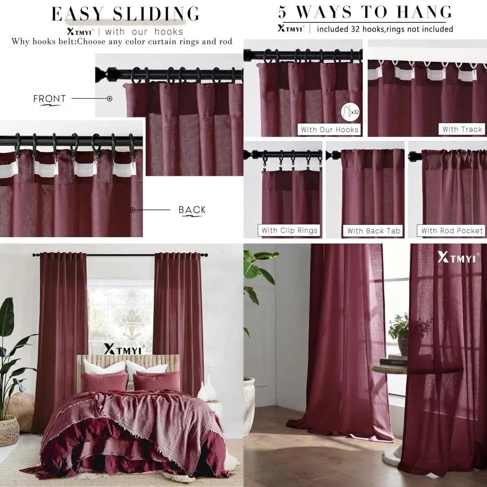 Tende semitrasparenti da vino rosso in stile lino, 108x50, 4 opzioni di sospensione, set di 2 per soggiorno e decorazioni natalizie