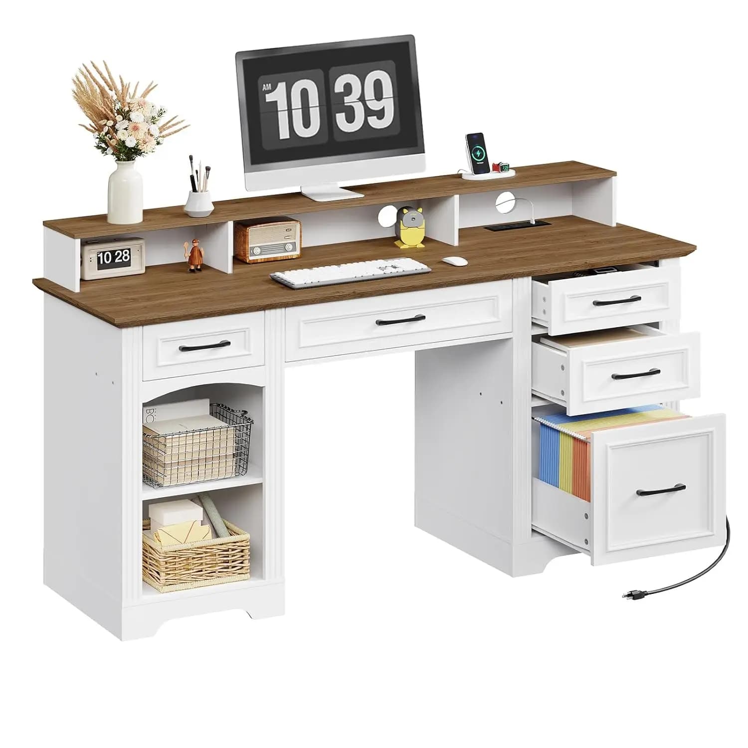 Desk Directional from 58 Pollici with Cassetti, Paper Cabinet, Charging Station, Monitor Support, Office & Studio, White Walnut Wood, Customizable