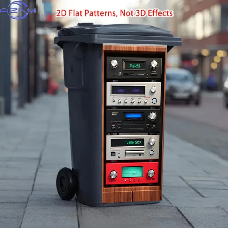 2D Flat Printing: A Trash Can Sticker Featuring a Vintage Audio Equipment Group Pattern Design. This Matte-finish Sticker Is S