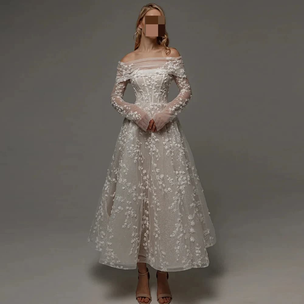 Elegant Sweetheart Collar Tulle Shiny Wedding Gown with Lace A-line Ankle-Length Wedding Bridesmaid Dress Backless Customized