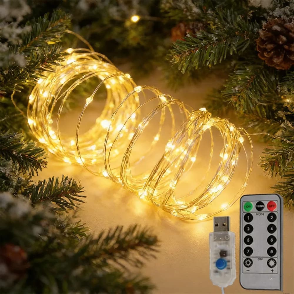 Stringa di luci decorative da 2/5/10/20 m, stringa di luci USB con filo in rame/argento con telecomando, adatta per decorazioni natalizie interne
