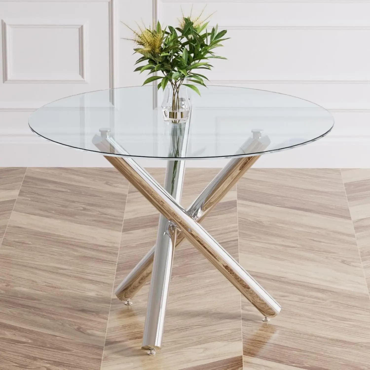 Tavolo da Pranzo Rotondo in Vetro da 39 Pollici per 4 Persone, Piano in Vetro Temperato Trasparente e 3 Gambe in Metallo Argento, per Cucina, Sala da Pranzo, Ufficio, Personalizzabile