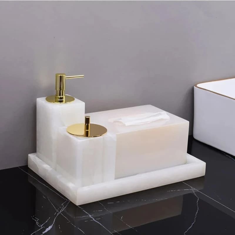 Set da bagno in onice bianco: portaspazzolino in pietra naturale, dispenser di sapone e barattolo per tampone | Organizer da toeletta minimalista