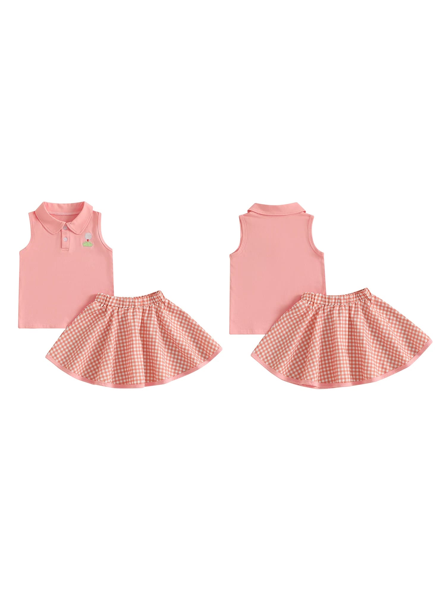 Girl's summer outfit with top with buttons on the laced sleeves embroidered with tennis racket and Scottish skirt - Nice set of 2 pieces