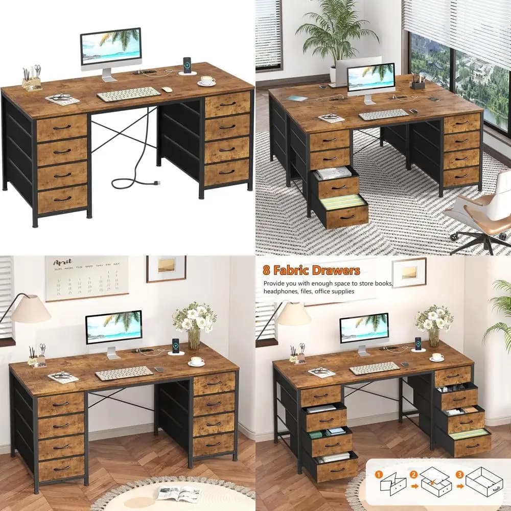 Scrivania Rustica Marrone da 50 Pollici con 8 Cassetti, Postazione di Lavoro per Ufficio Domestico con Prese di Corrente, Ideale per Studio e Gaming