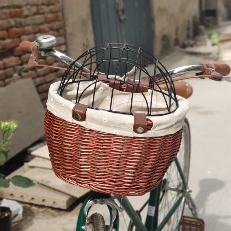 Pet Basket Woven Basket Cat Dog Rattan Front Hanging Going Out Pet Basket with Iron Cover