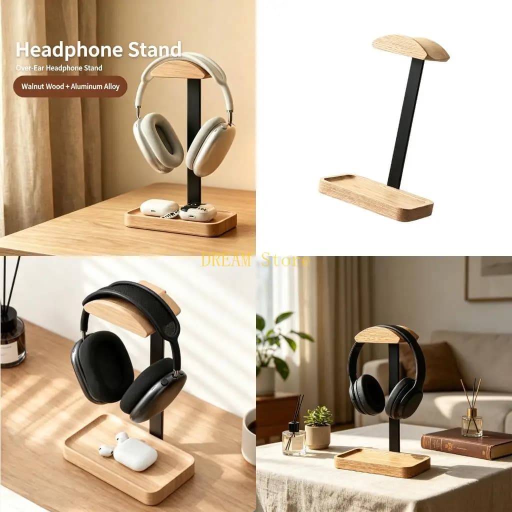 Wooden Aluminum Headphone Stand with Storage Tray Desktop Headset Holder Best Sale