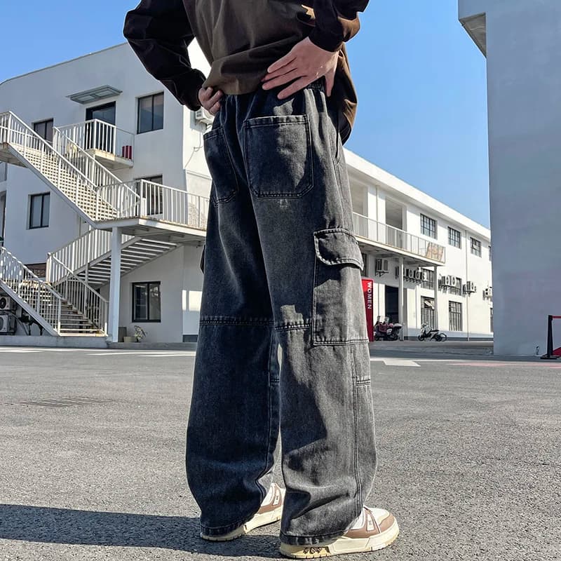 2025 nuovi jeans da lavoro grigio cemento da uomo Y2K street hip-hop pantaloni jeans dritti a gamba larga con tasche grandi da jogging nero azzurro
