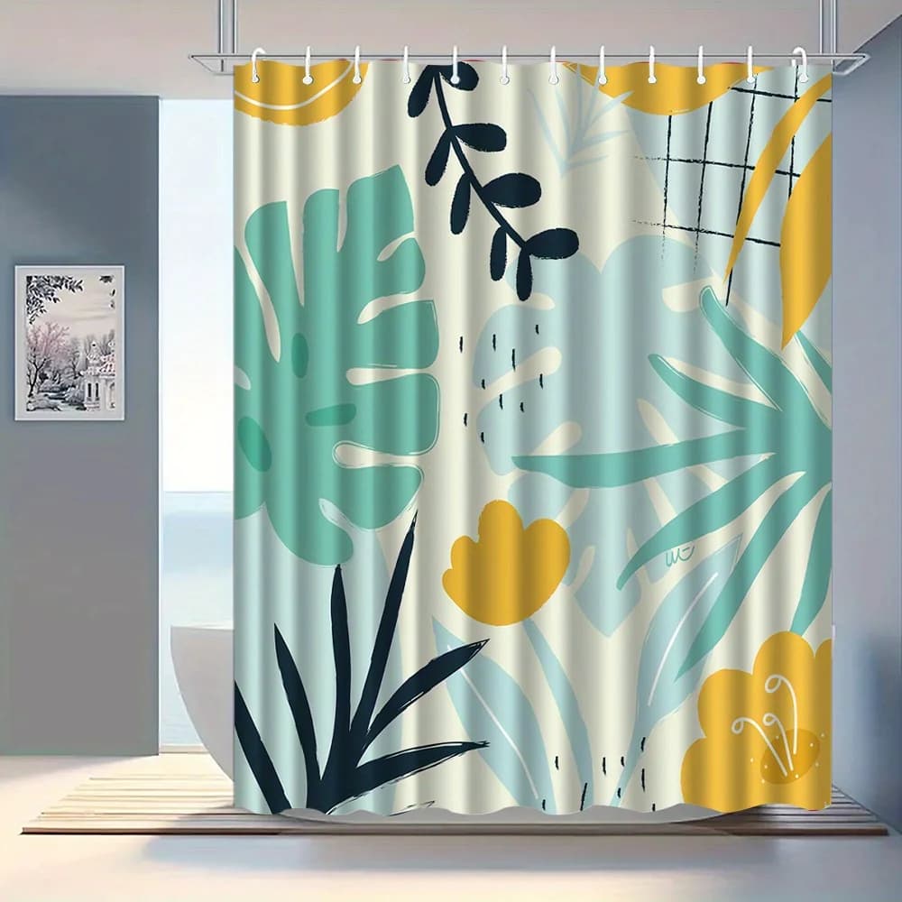 1 tenda da doccia con foglie e motivi floreali con ganci, poliestere lavabile in lavatrice, adatta per l'arredamento del bagno.