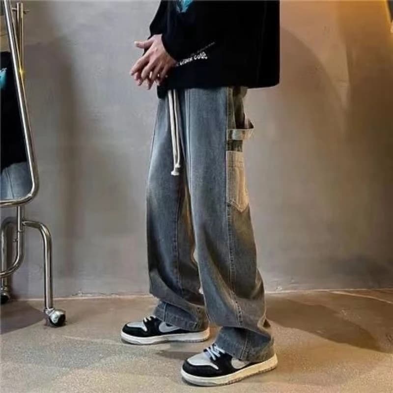 Men Spring Drawstring Korean Style Loose Multi Pocket Cargo Jeans HK Style Cool Straight Denim Pants Ins Trendy New