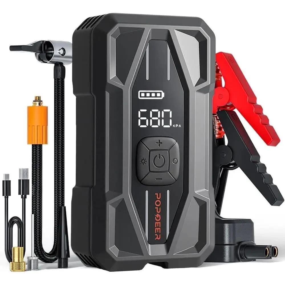 Avviatore di Emergenza Portatile 5000A 150PSI 30W, per Tutti i Motori a Benzina/10L, Batteria Auto 12V, Luce LED, Compatto e Potente