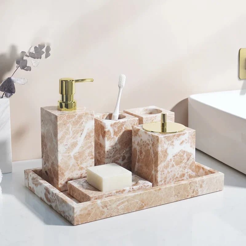 Set di marmo naturale rosa corallo per dispenser di sapone da bagno portasapone portaspazzolino scatola di fazzoletti vassoio accessori da bagno