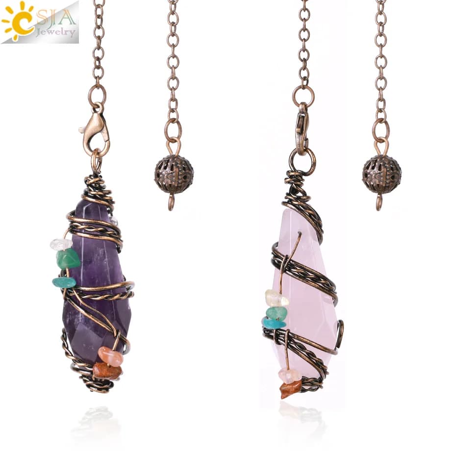 CSJA Cristalli Pendolo per Dowsing Divinazione Avvolgimento di Filo Ciondolo in Pietra Naturale Reiki 7 Chakra Chip Penduli in Rame Antico H027