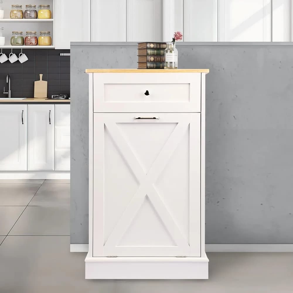 Armadietto della spazzatura inclinabile, isola della cucina con porta della stalla in stile antico con piano e cassetto in legno massello, pattumiera a prova di animali domestici