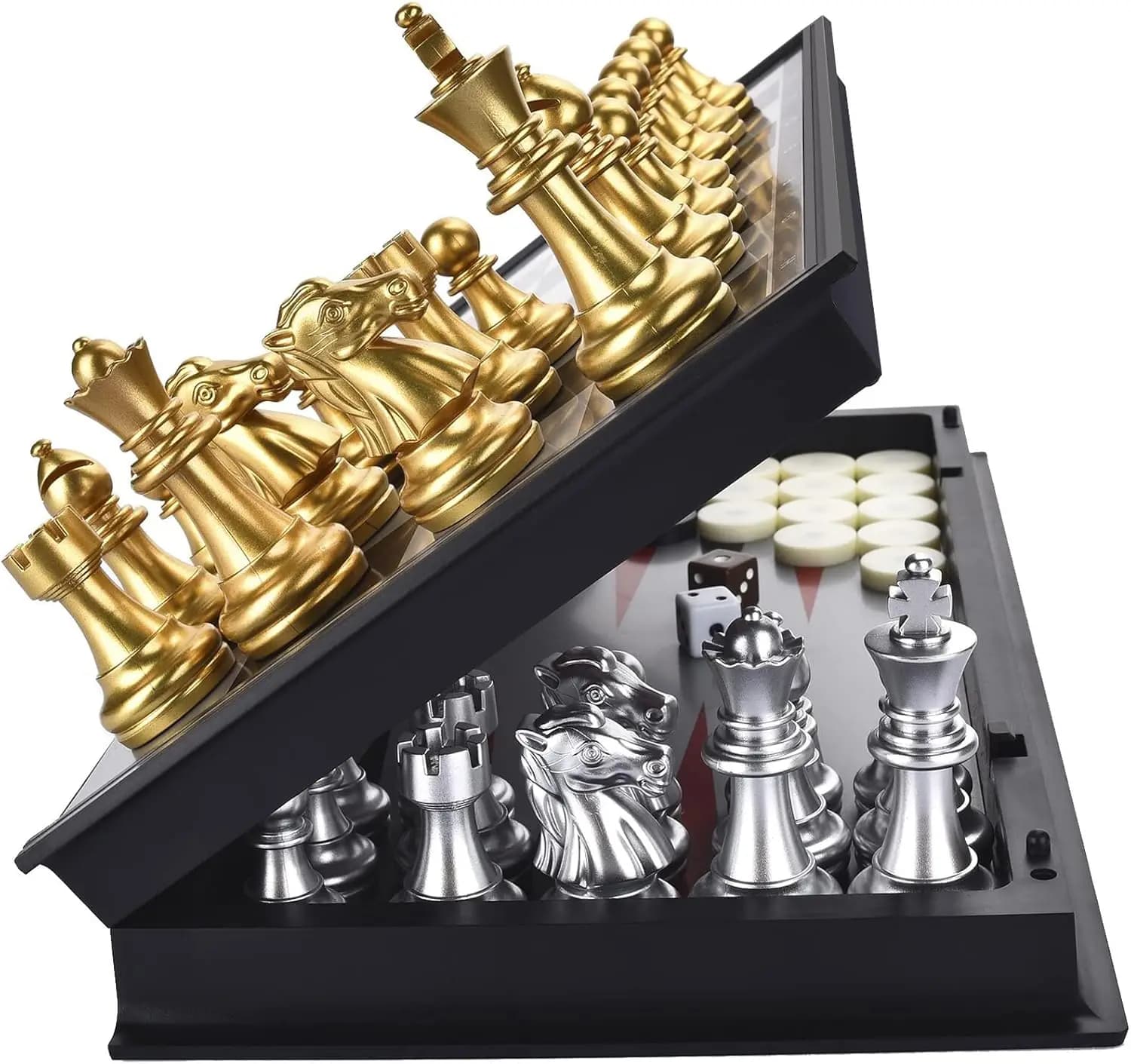 Set 3-in-1 di Scacchi, Dama e Backgammon Magnetico, Scacchiera Pieghevole da 31,75 cm, Giochi da Viaggio per Bambini e Adulti