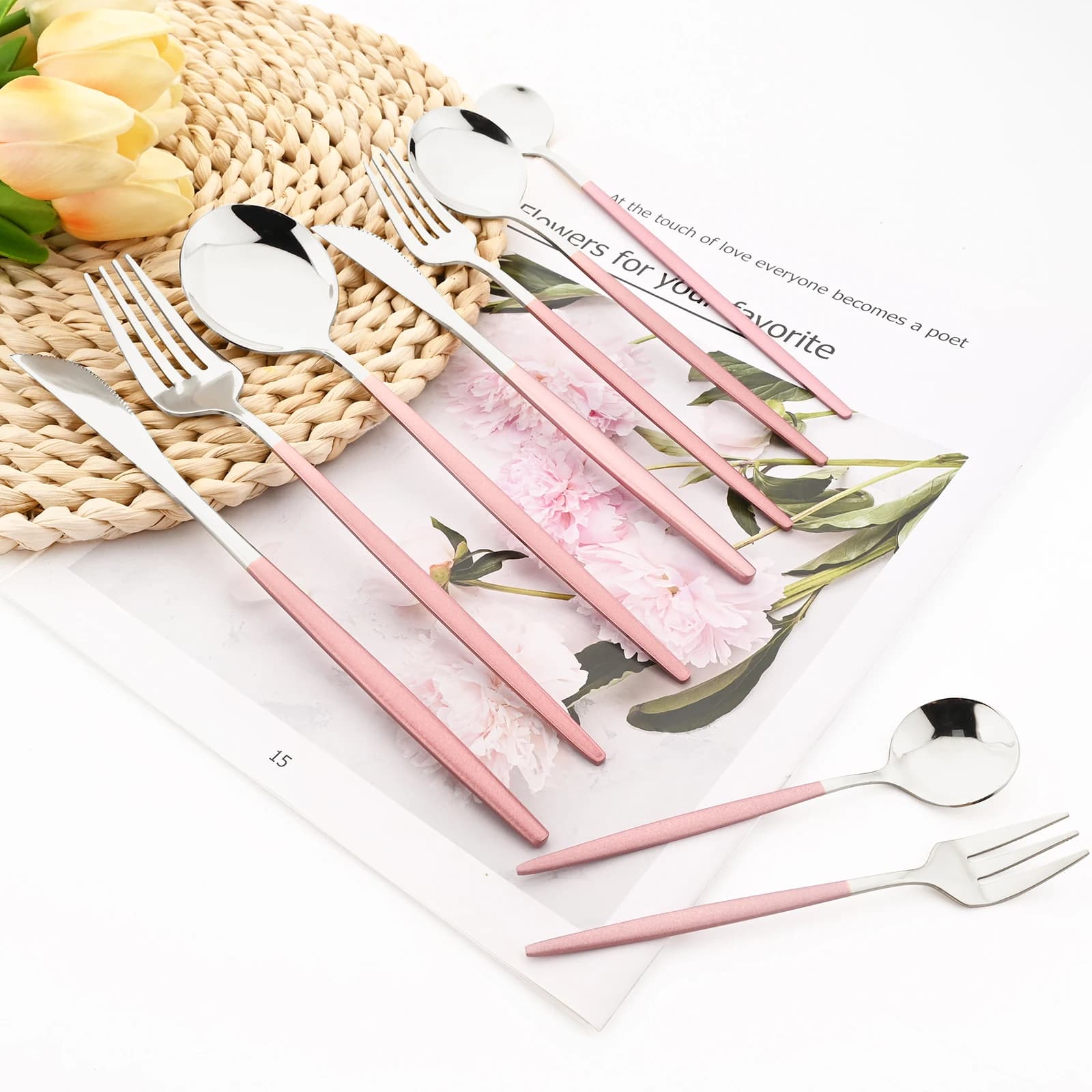 Drmfiy specchio rosa argento stoviglie 6 pezzi Set di posate Set di posate in acciaio inox cena coltello cucchiaio forchetta stoviglie Set di posate da cucina
