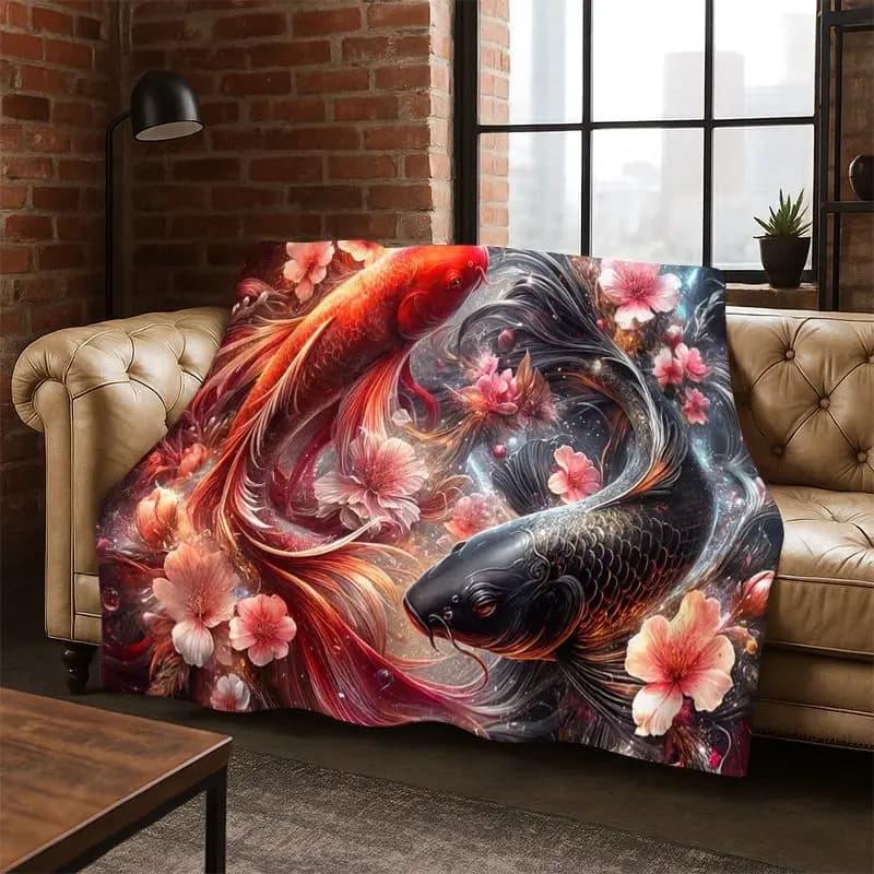 Coperta in Flanella con Motivo Koi Yin Yang, Morbida e Calda, per Camera da Letto, Soggiorno, Viaggi, Picnic, Regalo
