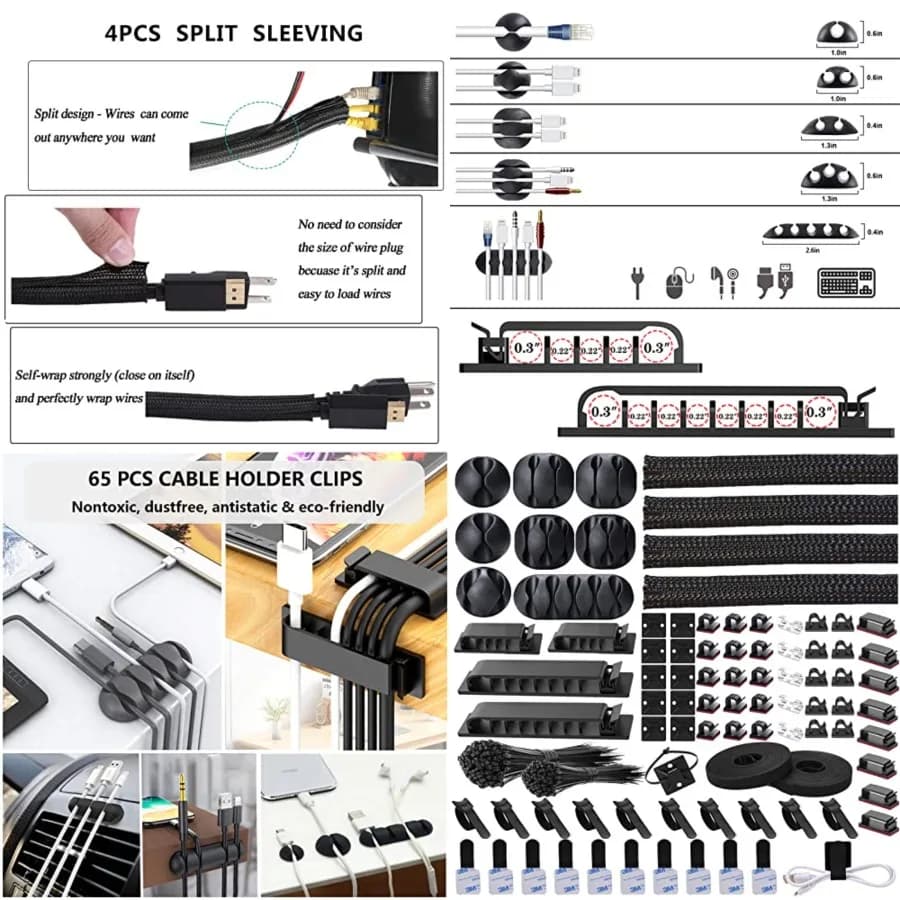 Kit Organizzatore per Gestione Cavi: 4 Guaine Divisorie per Cavi, 53 Clip per Cavi, 12 Supporti per Cavi, 22 Fascette per Cavi, 20 Clip Adesive da Parete per Cavi