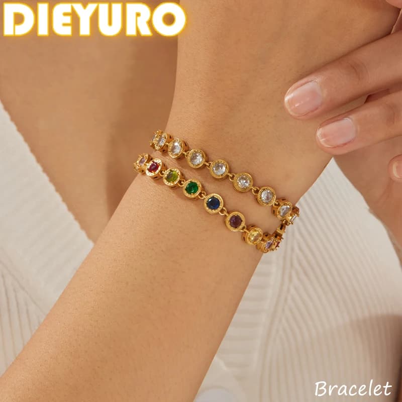 Bracciale DIEYURO in acciaio inossidabile 316L con zirconi colorati, rotondo, portafortuna, per donna, catena tennis alla moda, placcato oro, impermeabile.
