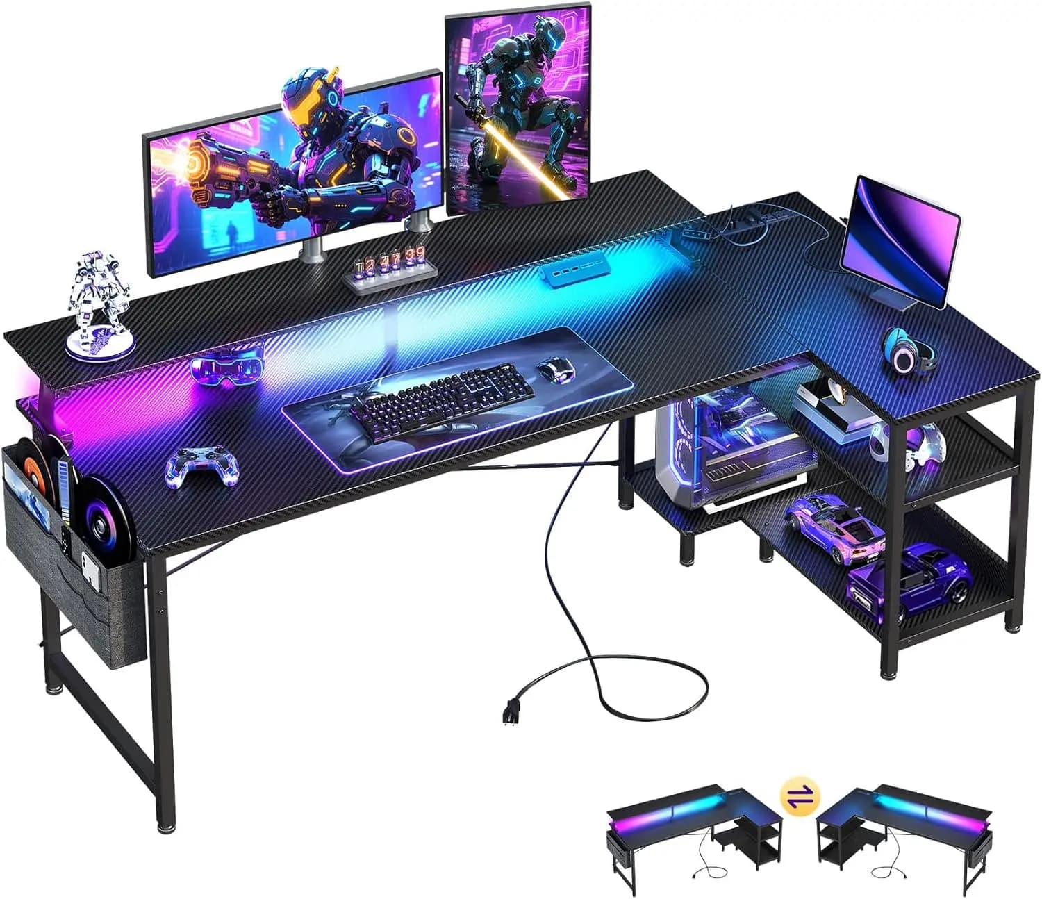 66 Inch L Shaped Computer Desk with Power Outlets and LED Lights, Reversible Gaming Desk with USB Ports, Storage Shelves and Monitor Stand for Corner Setup, Carbon Fiber Black Finish