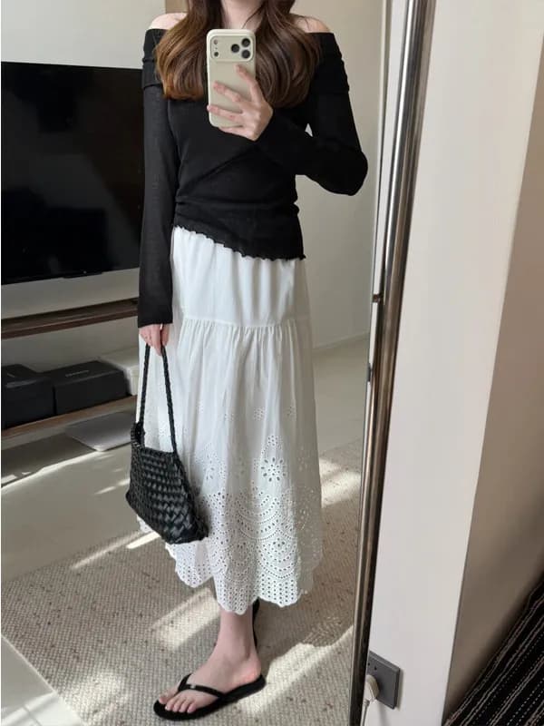 Elegante Gonna Bianca in Pizzo a Vita Alta con Cintura Elastica, Stile Coreano alla Moda, Traspirante in Poliestere per Primavera Estate