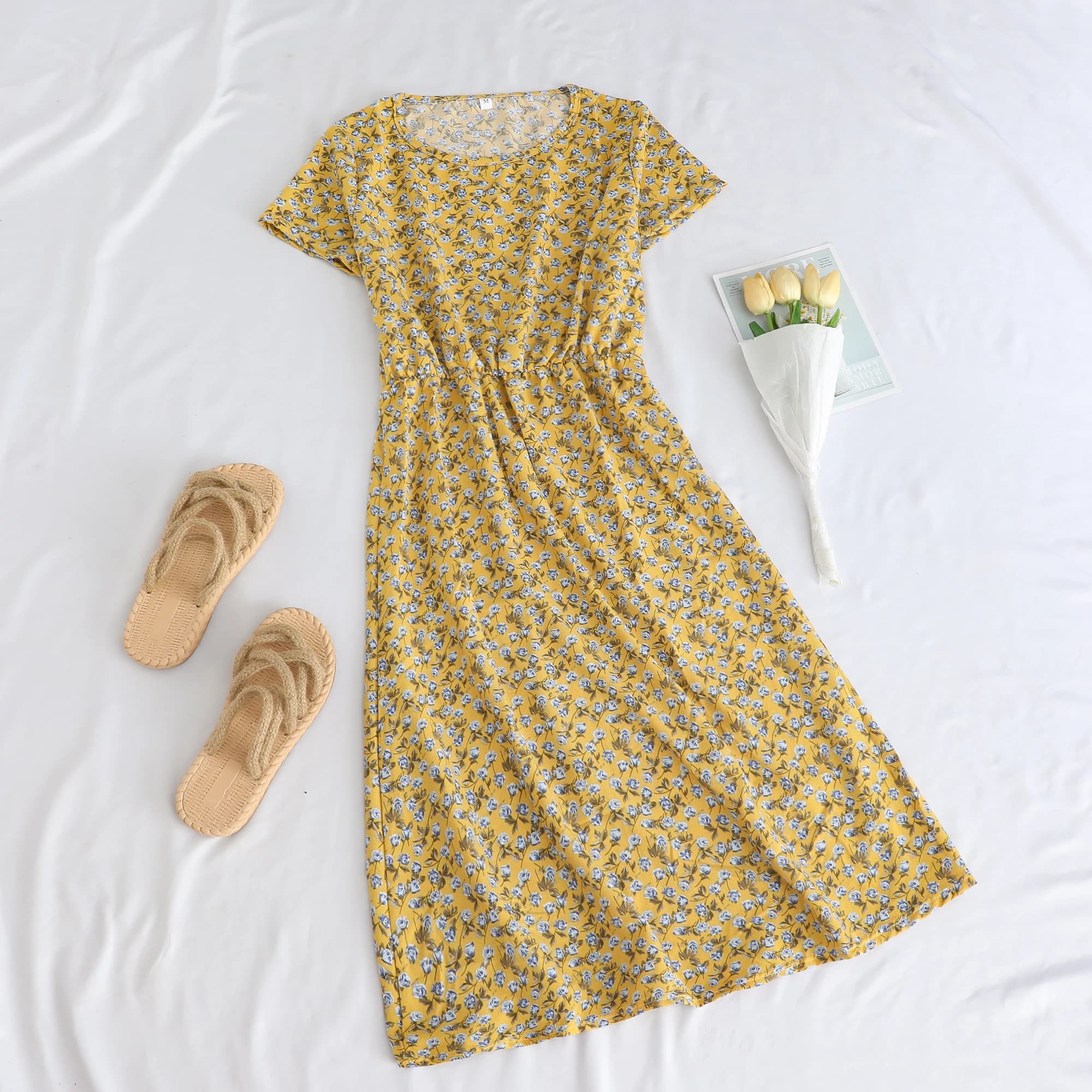 Floral Print Maxi Dress for Mom round Neck Short Sleeve A-Line Skirt Slimming Waist Design Casual Style Polyester Fabric