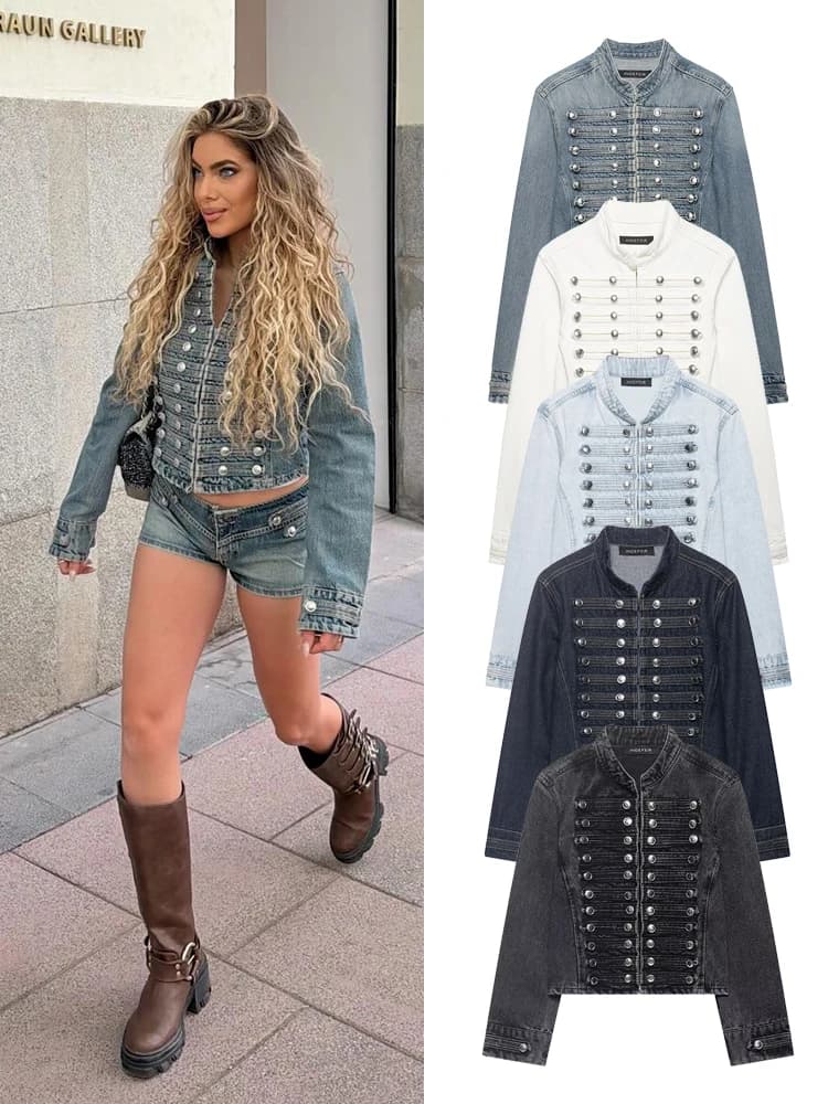 Giacca di Jeans Corta da Donna HH Primavera/Autunno, Cappotto in Denim con Colletto Alto e Bottoni Argentati, Abbigliamento Casual e Professionale