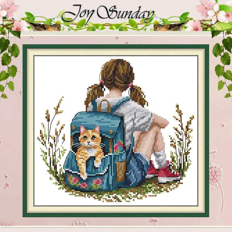 The Girl and the Kitten Patterns Counted Cross Stitch Set 11CT 14CT 16CT HD Stamped DMC Cross-stitch Kit Embroidery Needlework