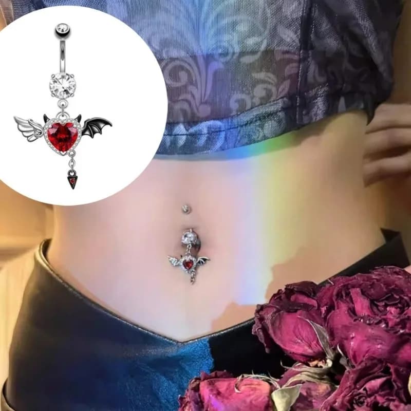 1 pezzo in acciaio inossidabile demone ali in bianco e nero anello per ombelico pipistrello demone cuore zircone rosso piercing pancia scura ornamento ombelicale