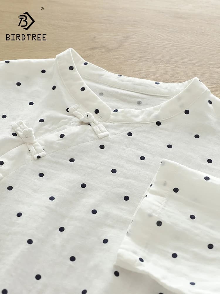New 2026 Summer Women Cotton Yarn 3/4 Sleeve Shirt, Stand Dot Print, Mori Girl Fashion Design Comfortable Loose Blouse T65723CC