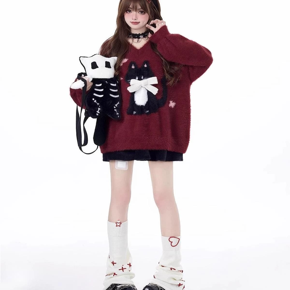 Maglioni Kawaii Giapponesi da Donna con Collo Tondo, Motivo Gatto Cartoon, Maniche Lunghe, Stile Casual, Pullover Primavera Autunno