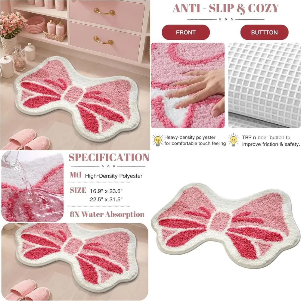soffice tappetino da bagno con fiocco rosa, forma irregolare 19,6x31,5", antiscivolo e ad alta assorbimento per bagno e camera da letto